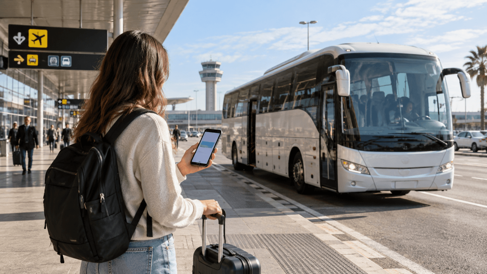 Viajera con maleta y teléfono móvil junto a un autobús en la terminal del aeropuerto antes de viajar a Lloret de Mar