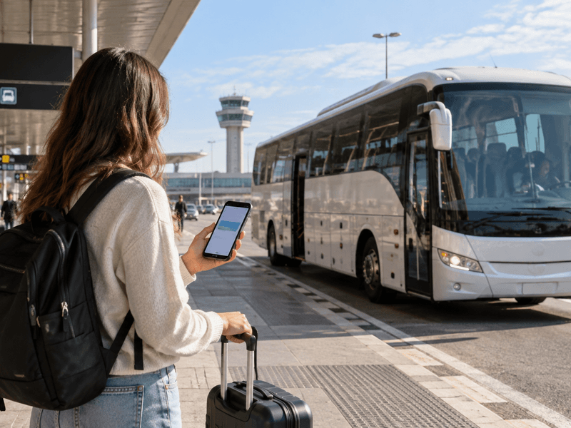 Viajera con maleta y teléfono móvil junto a un autobús en la terminal del aeropuerto antes de viajar a Lloret de Mar