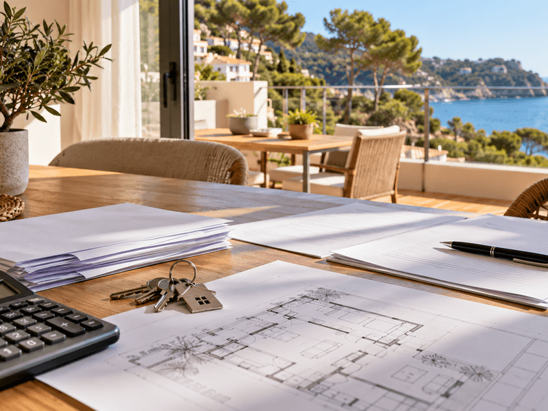 Documentos de alquiler, calculadora, plano y llaves sobre una mesa de una vivienda de la Costa Brava