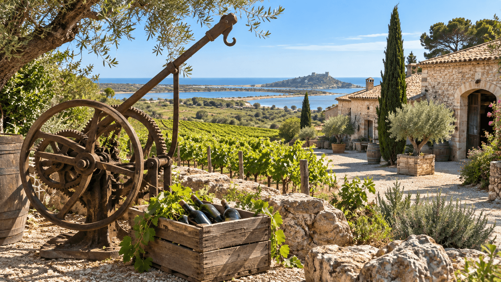 Bodega mediterránea entre viñedos y lagunas de Gruissan, con una antigua prensa de vino y botellas en primer plano