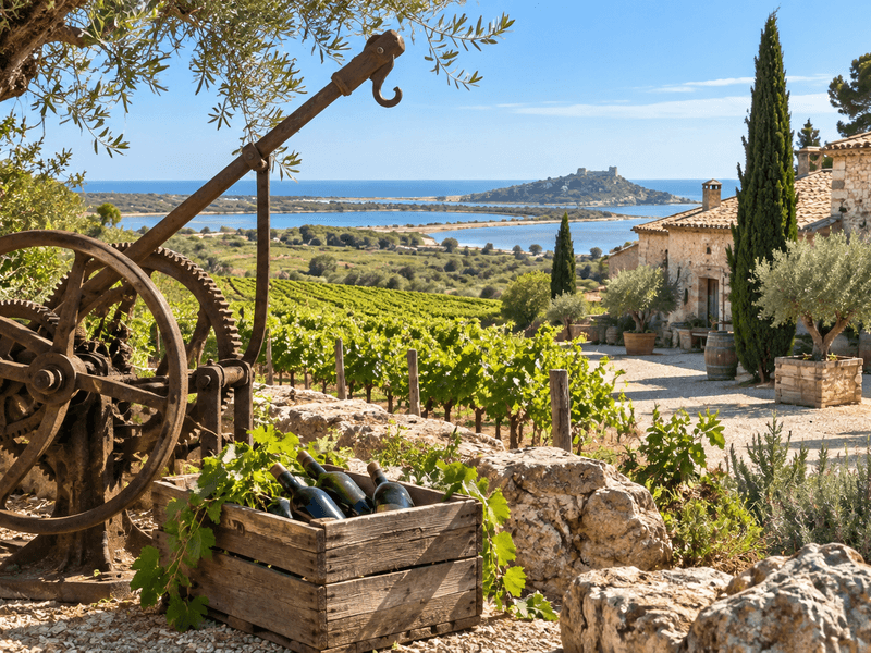 Bodega mediterránea entre viñedos y lagunas de Gruissan, con una antigua prensa de vino y botellas en primer plano