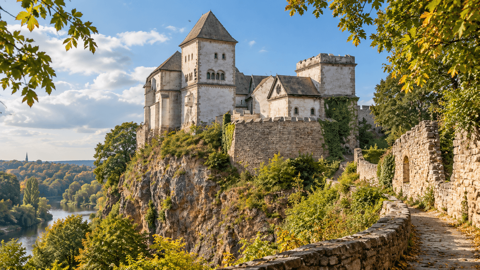 Recreación editorial de una fortaleza medieval sobre un promontorio rocoso junto al río, inspirada en Burg Giebichenstein en Halle (Saale)