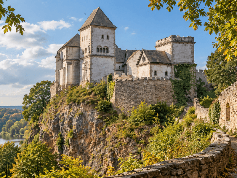 Recreación editorial de una fortaleza medieval sobre un promontorio rocoso junto al río, inspirada en Burg Giebichenstein en Halle (Saale)