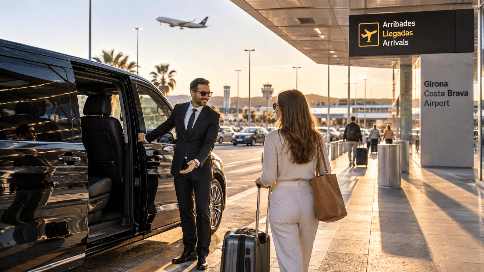 Conductor con vehículo de transfer recibiendo a una viajera con equipaje en la terminal del aeropuerto de Girona-Costa Brava