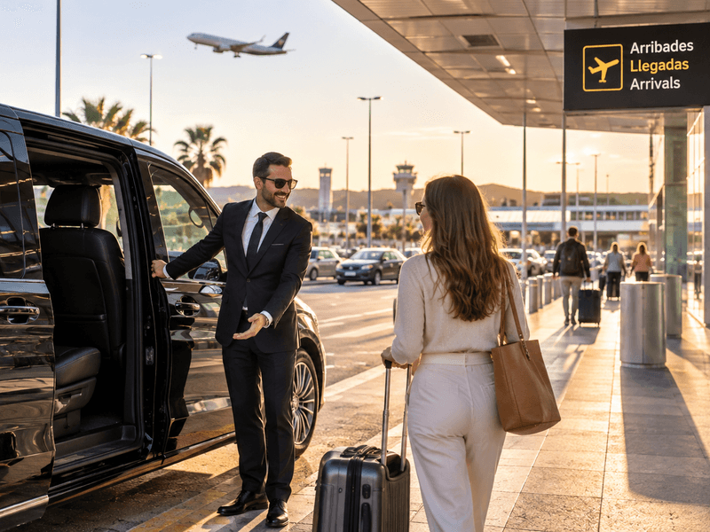 Conductor con vehículo de transfer recibiendo a una viajera con equipaje en la terminal del aeropuerto de Girona-Costa Brava