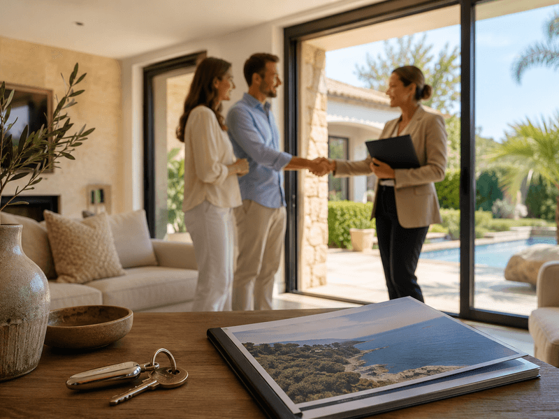 Propietarios entregando la gestión de su vivienda a una profesional inmobiliaria en un interior luminoso de la Costa Brava