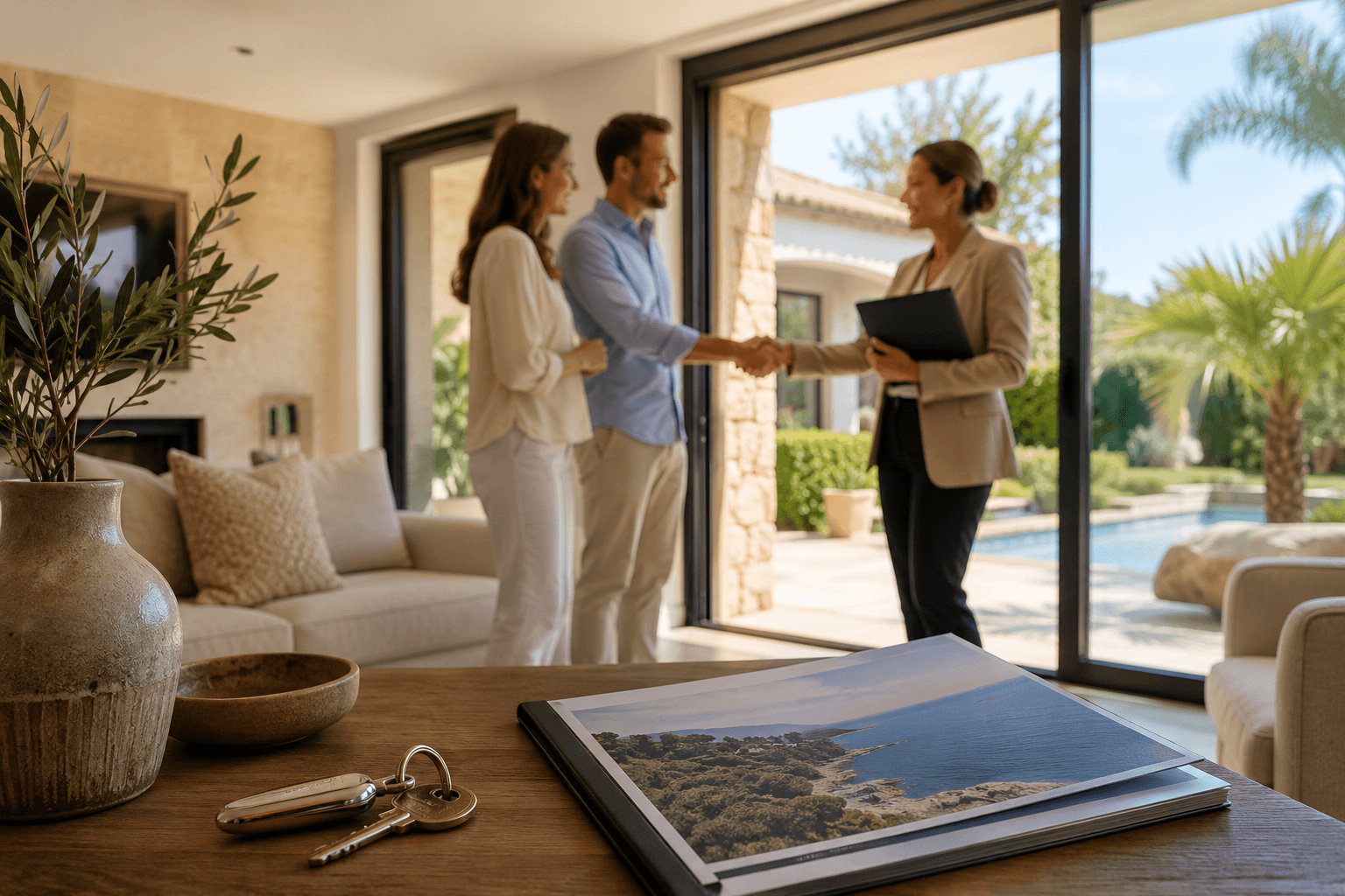 Propietarios entregando la gestión de su vivienda a una profesional inmobiliaria en un interior luminoso de la Costa Brava