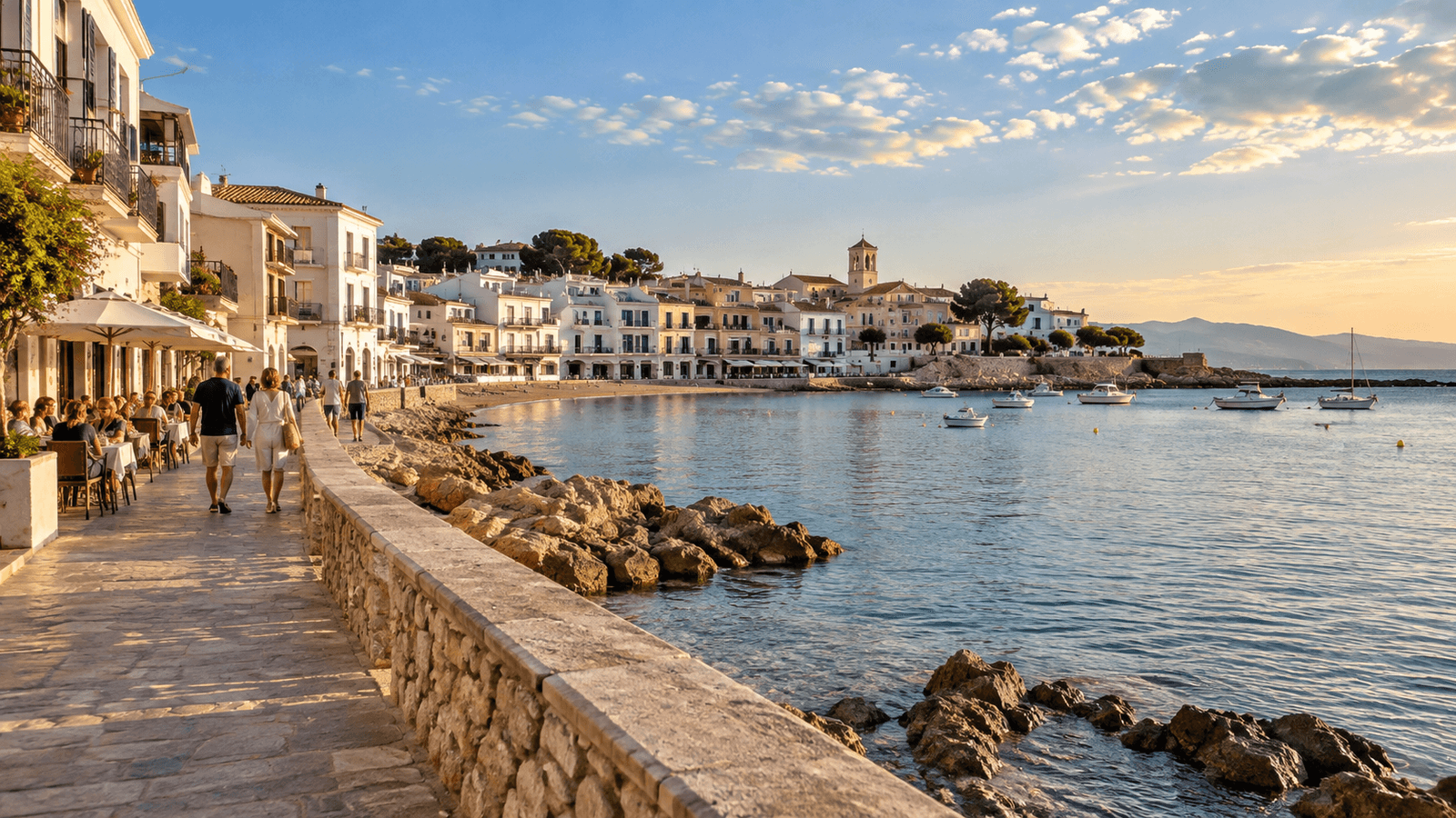 Paseo marítimo mediterráneo de L’Escala al atardecer, con viviendas, terrazas, pequeñas embarcaciones y el mar en calma
