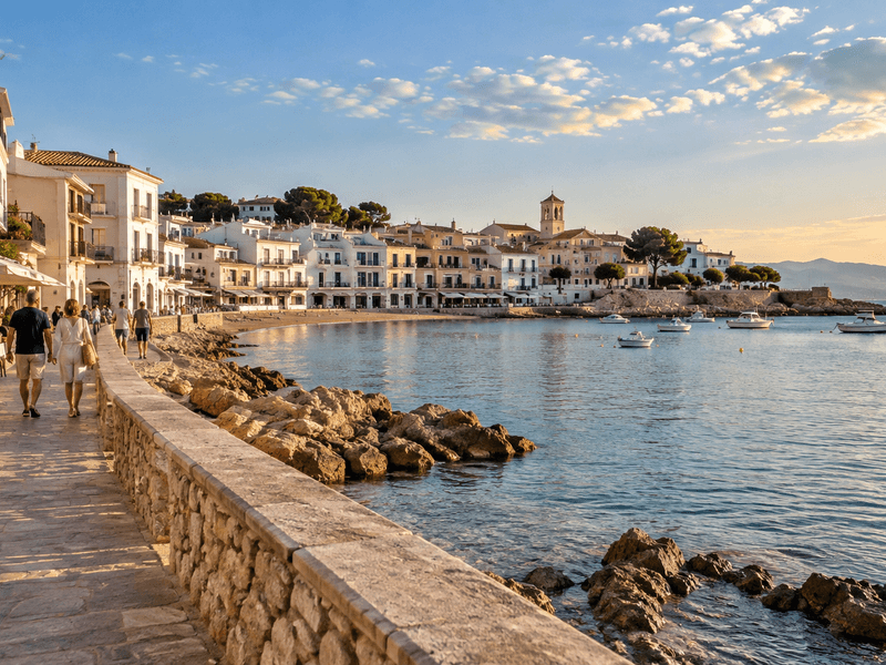 Paseo marítimo mediterráneo de L’Escala al atardecer, con viviendas, terrazas, pequeñas embarcaciones y el mar en calma