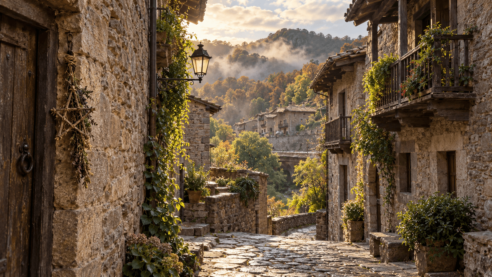 Calle empedrada de Rupit entre casas medievales de piedra y balcones de madera, con bosques de otoño al fondo y una atmósfera de leyenda