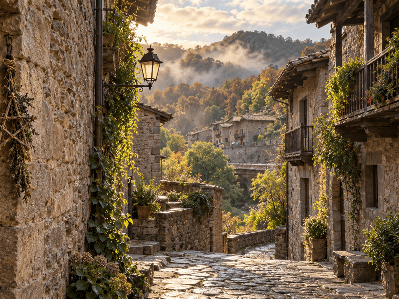 Calle empedrada de Rupit entre casas medievales de piedra y balcones de madera, con bosques de otoño al fondo y una atmósfera de leyenda
