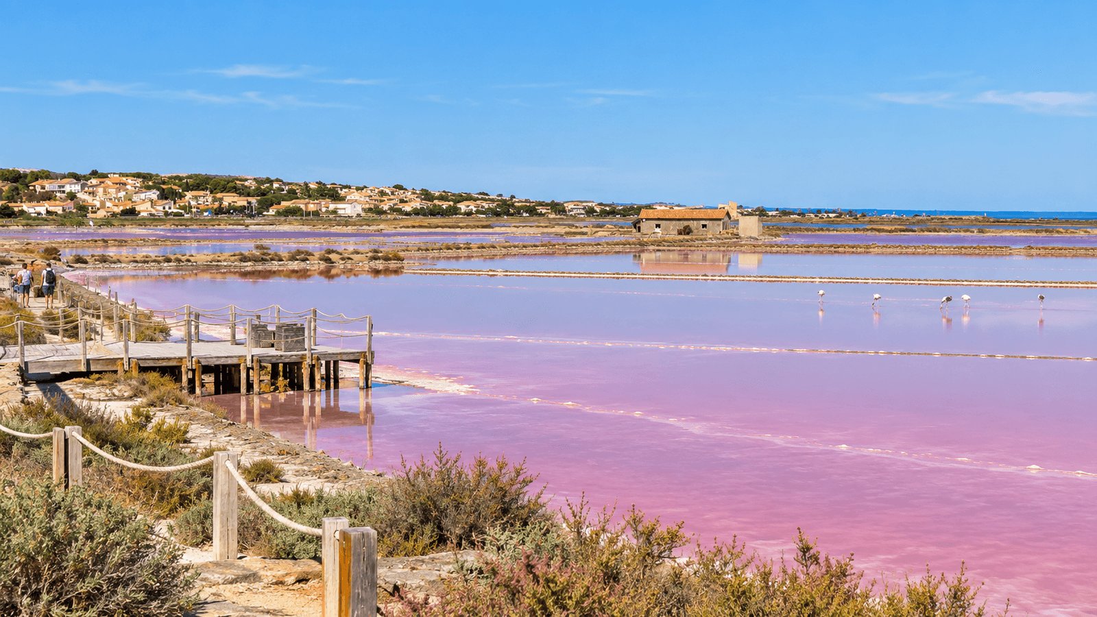 Salinas rosadas de Gruissan con pasarelas de madera, aves y el paisaje mediterráneo de la isla Saint-Martin