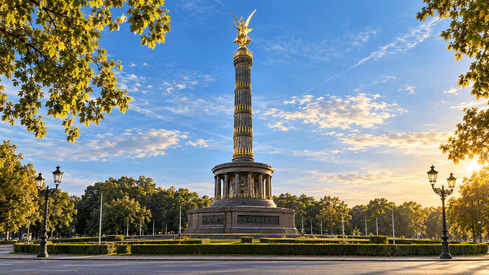 Columna de la Victoria de Berlín con la estatua dorada de Victoria sobre el Tiergarten al atardecer