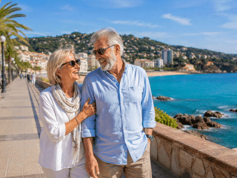 Pareja jubilada disfrutando de un paseo junto al mar Mediterráneo en Lloret de Mar, Costa Brava