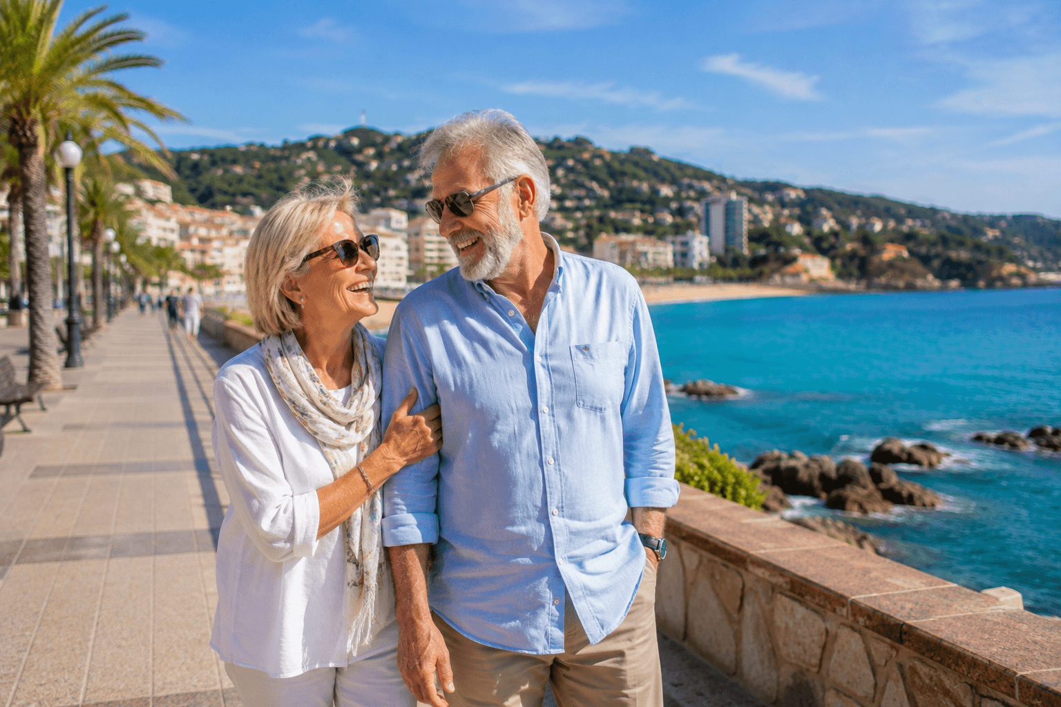 Pareja jubilada disfrutando de un paseo junto al mar Mediterráneo en Lloret de Mar, Costa Brava