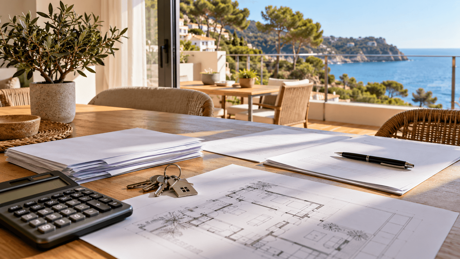 Documentos de alquiler, calculadora, plano y llaves sobre una mesa de una vivienda de la Costa Brava